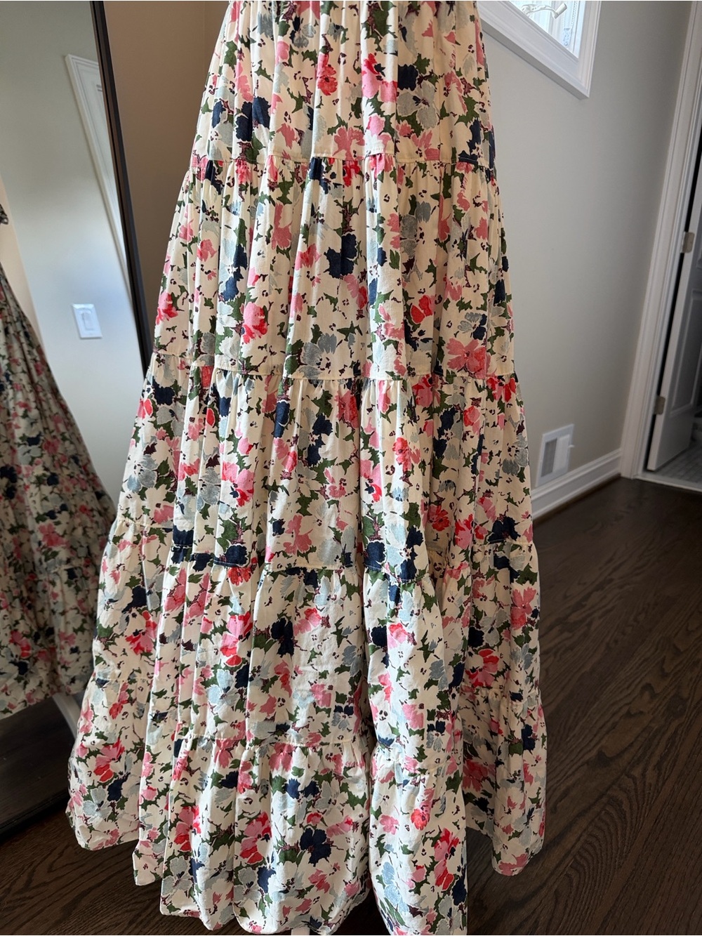 cinq a sept Cream Floral Tiered Midi Skirt with Pink and Navy Accents - Picture 5 of 13